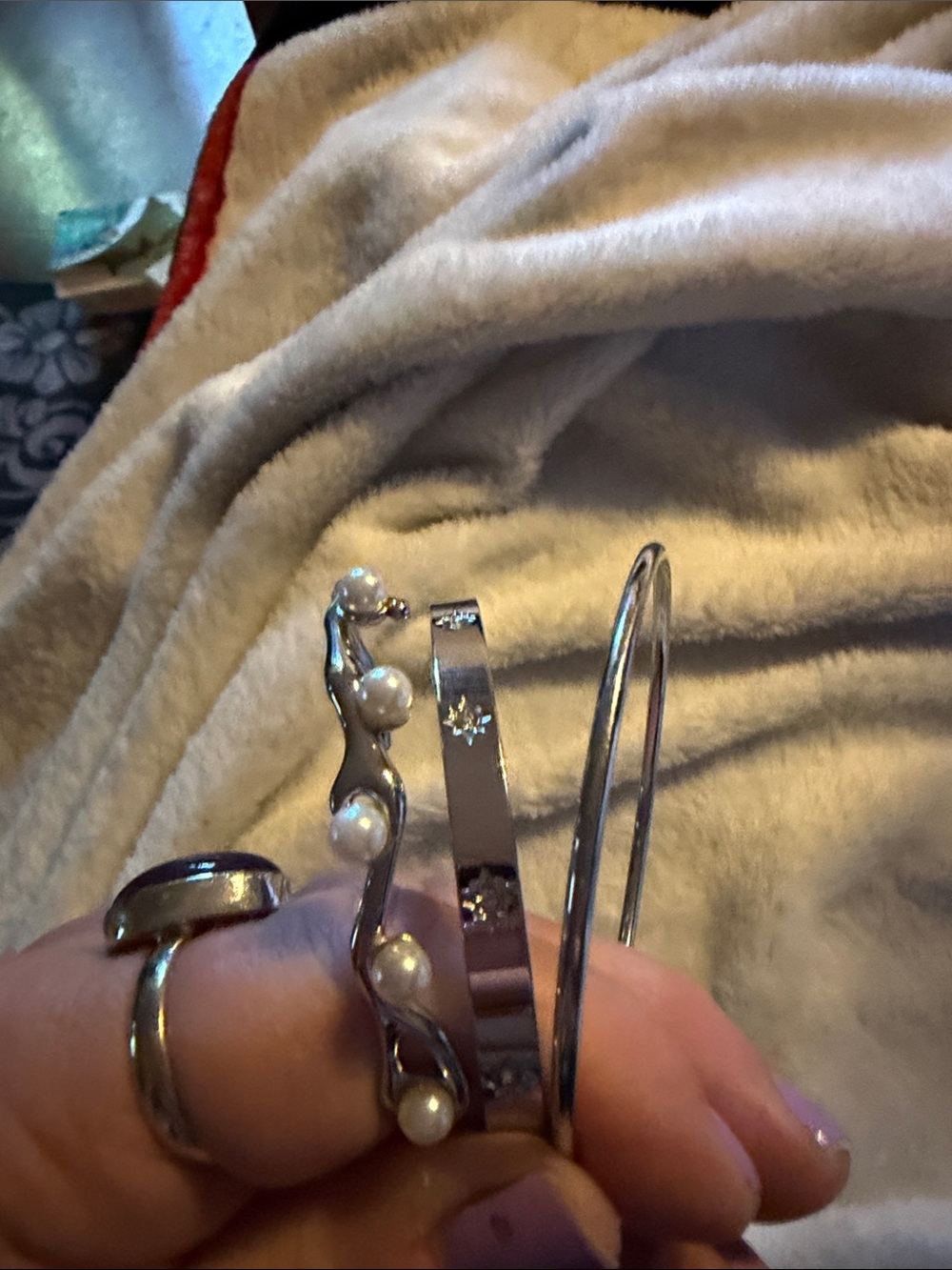 Stainless Steel Pearl, and Star Burst Accents Bangle Set of 3- Women Jewelry